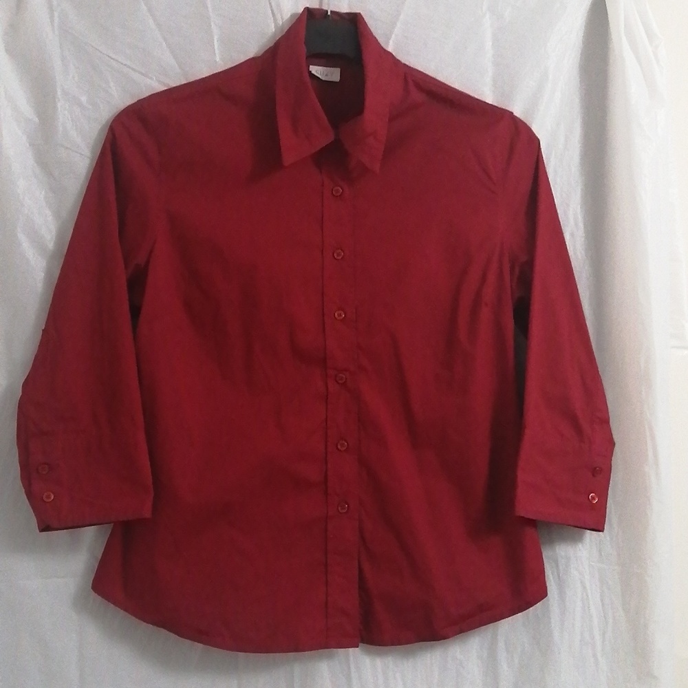 DEEP DARK RED WOMEN'S BUTTON DOWN  SHIRT WITH 3/4 SLEEVE